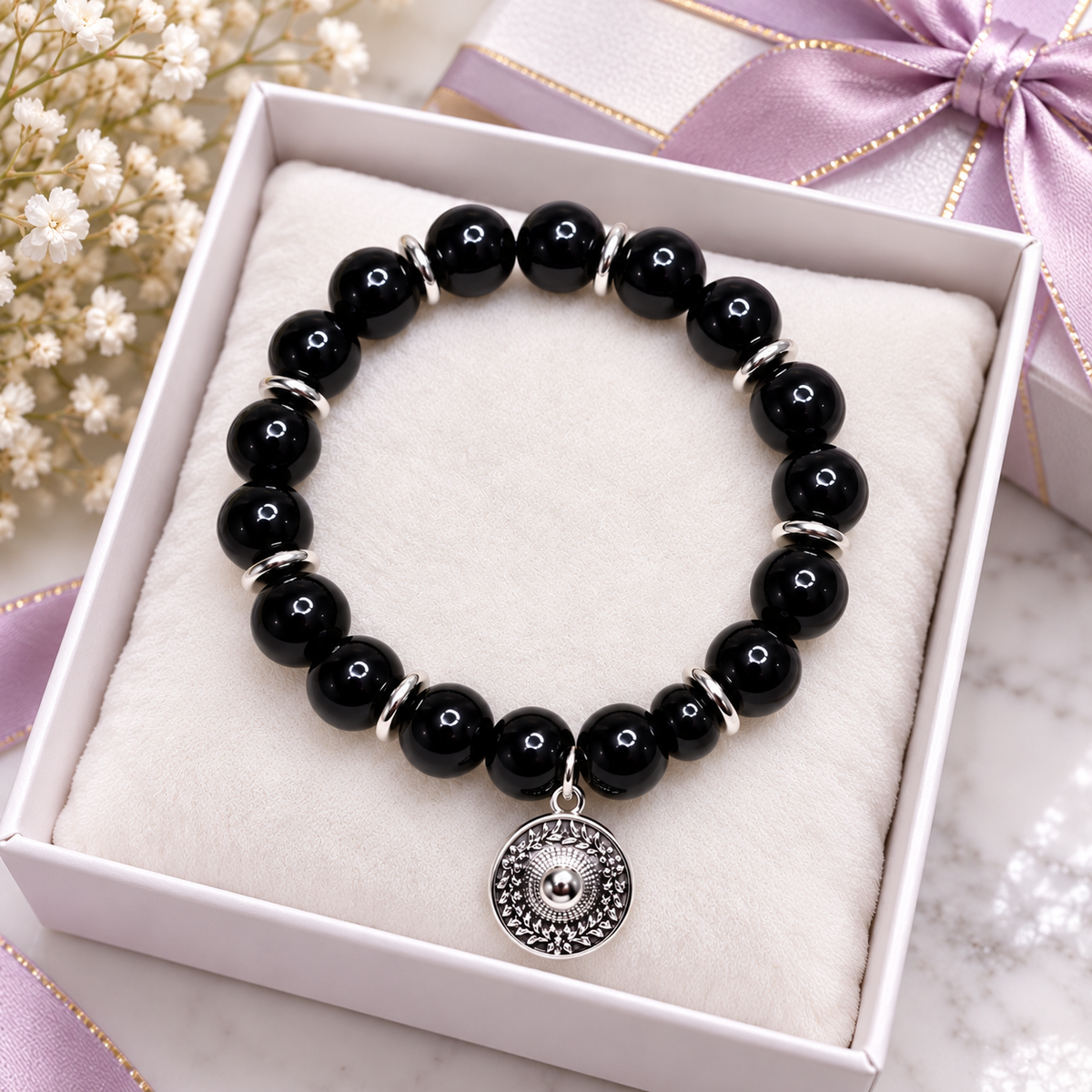 Black Onyx Bracelet | 10mm Natural Gemstone Beads with White Gold-Filled Hat Charm