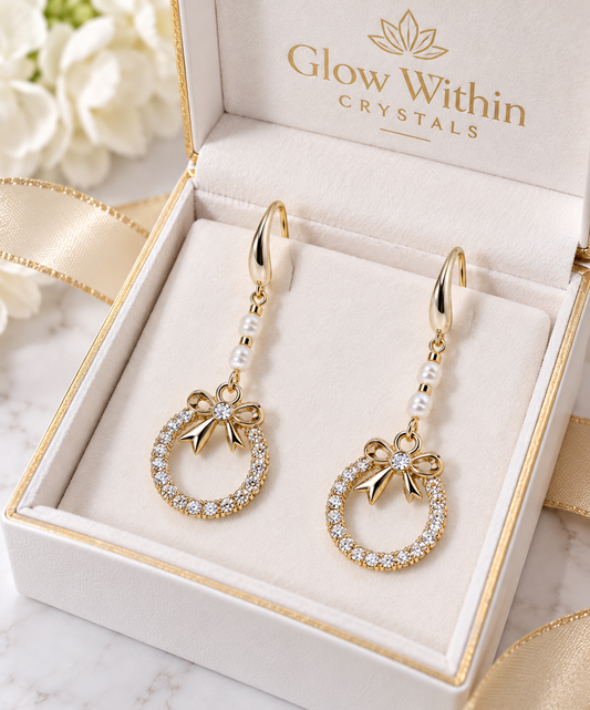 Freshwater Pearl & Crystal Bow Wreath Dangle Earrings