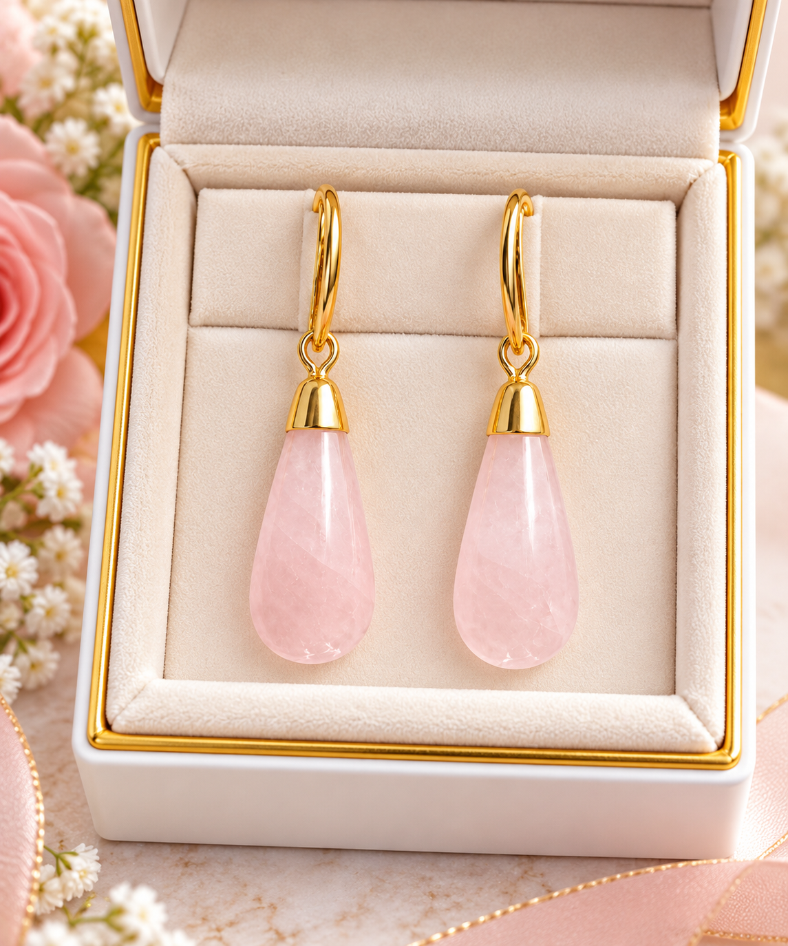Rose Quartz Teardrop Earrings – Gold-Plated | 1½ Inches