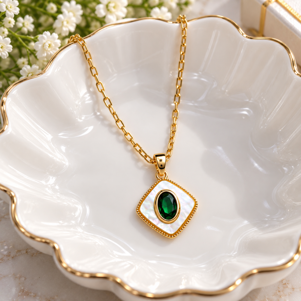18K Gold Filled Mother of Pearl Necklace | Emerald Green CZ Pendant | 17 Inches