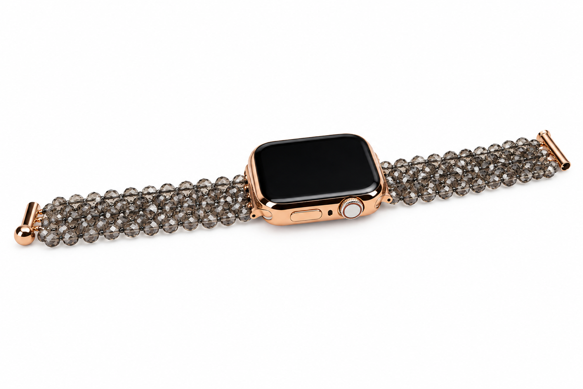 Smoky Quartz Hand-Woven Smartwatch Band – Rose Gold