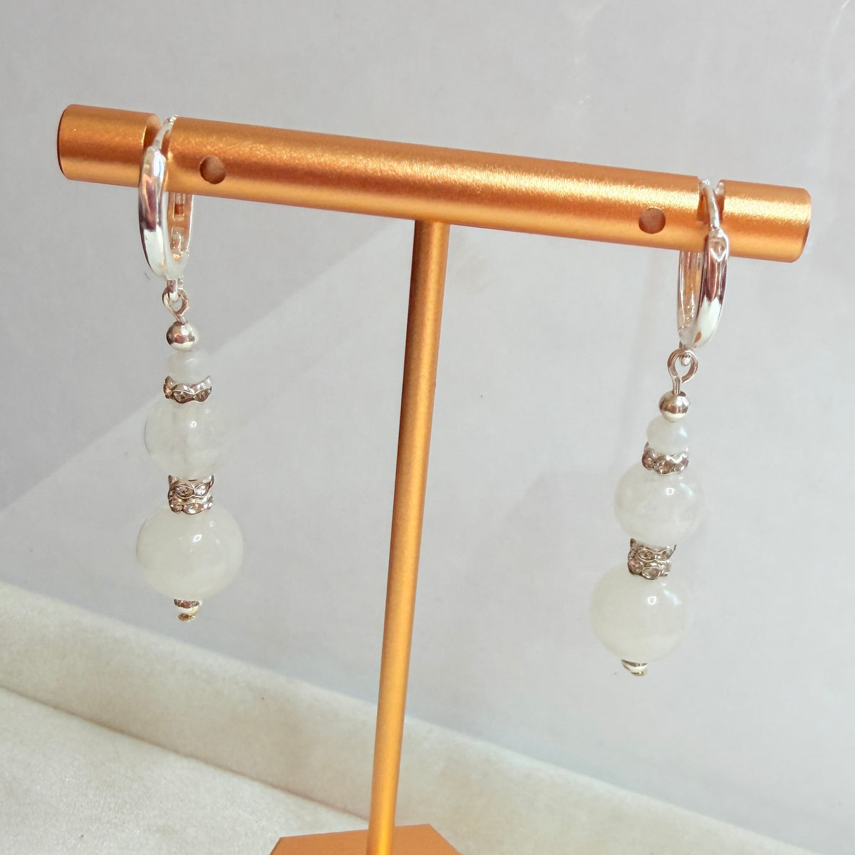Milky Quartz Silver Sparkle Drop Hoop Earrings