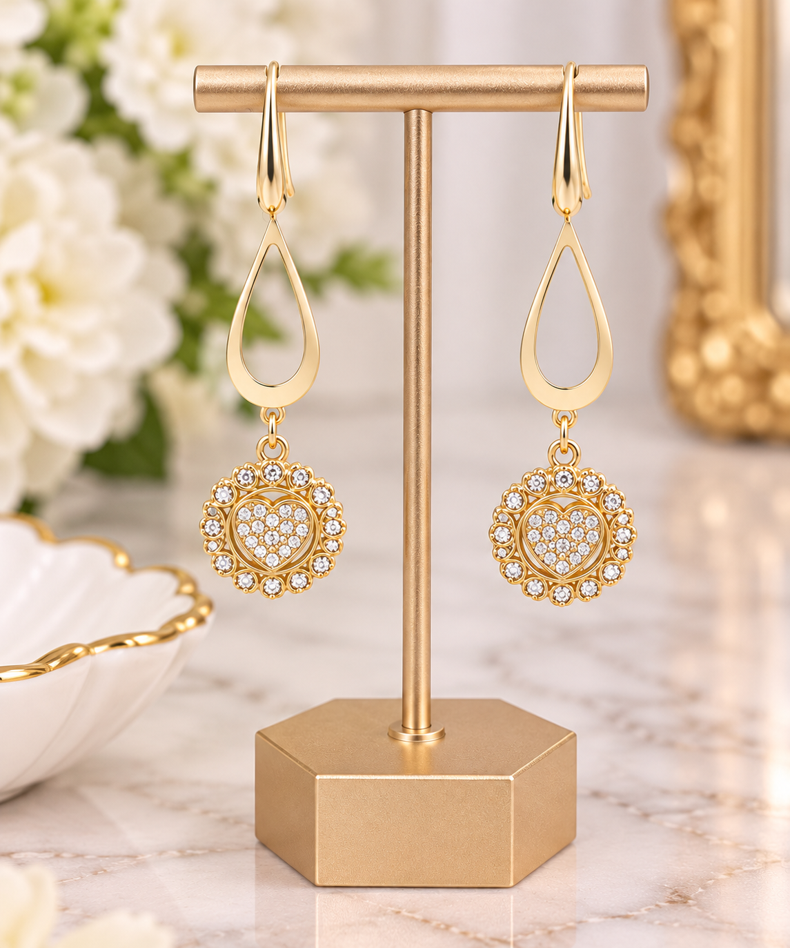 Gold-Plated Crystal Heart Dangle Earrings