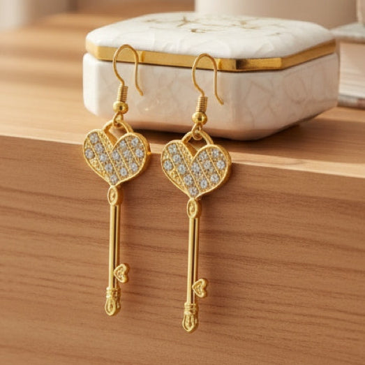 Golden Heart Key Earrings
