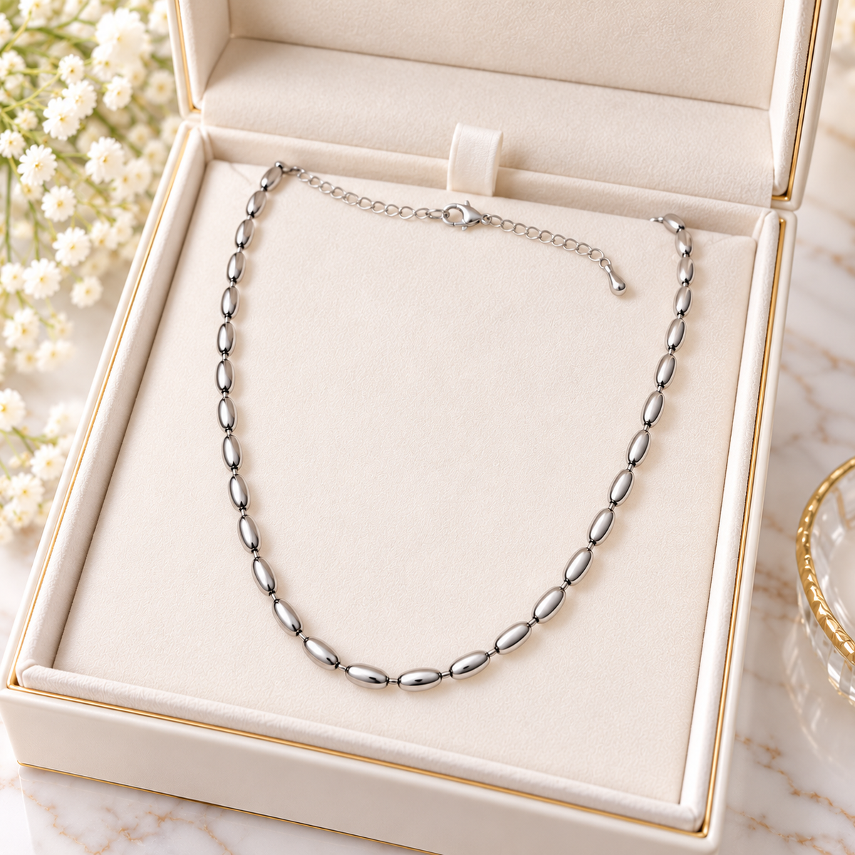 Elegant White Gold Over Brass Oval Bead Necklace – Adjustable Necklace
