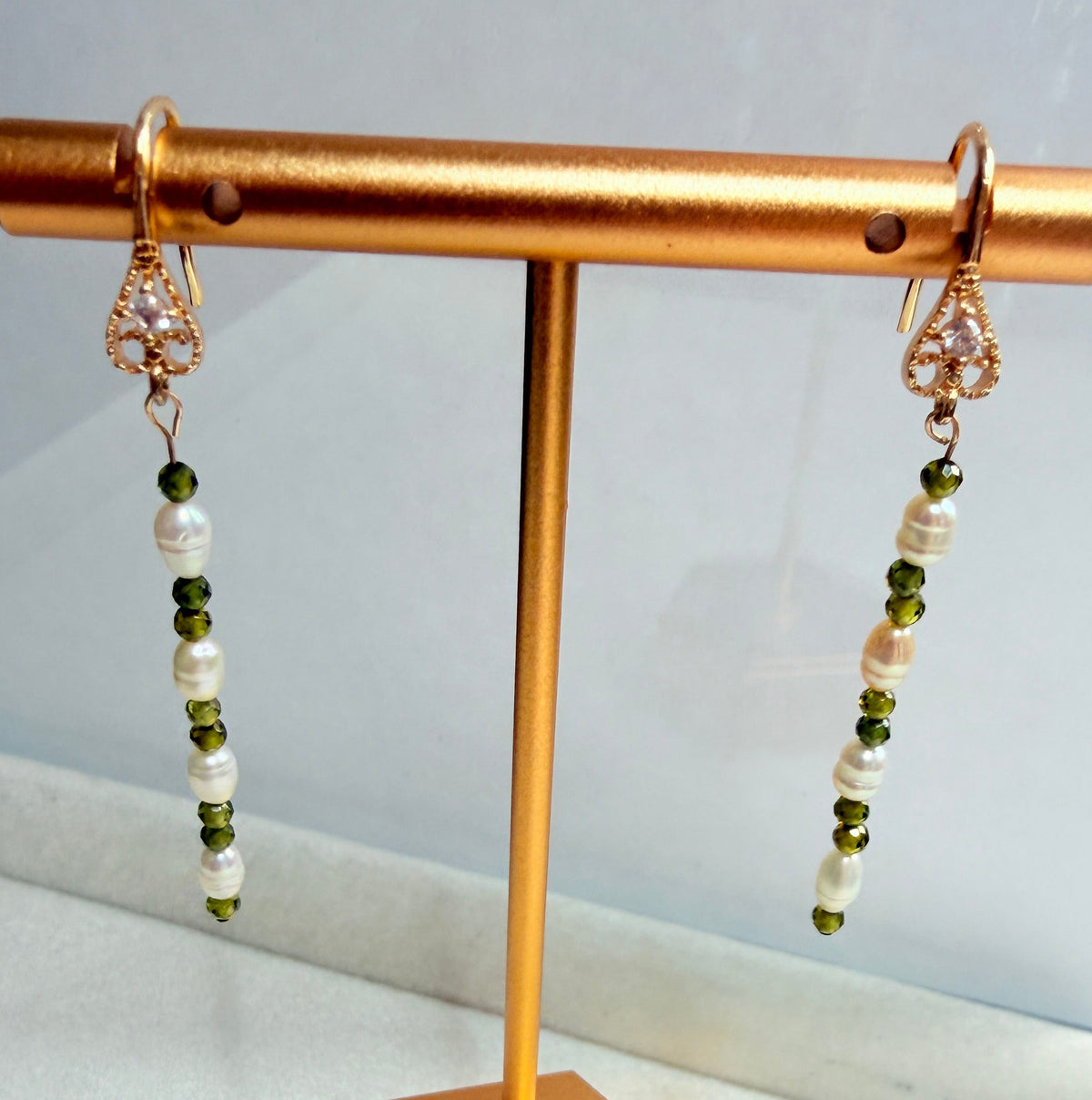 Natural Freshwater Shell Pearl & Olive Green Zircon Earrings