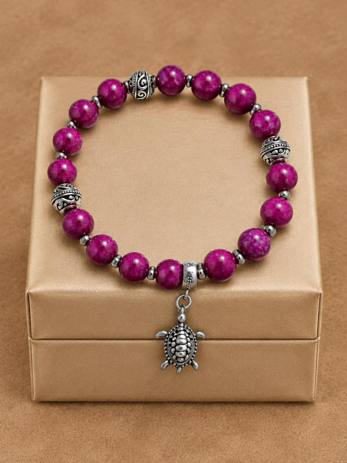 Sugilite Jade 8 mm Turtle Charm Bracelet | 925 Sterling Silver