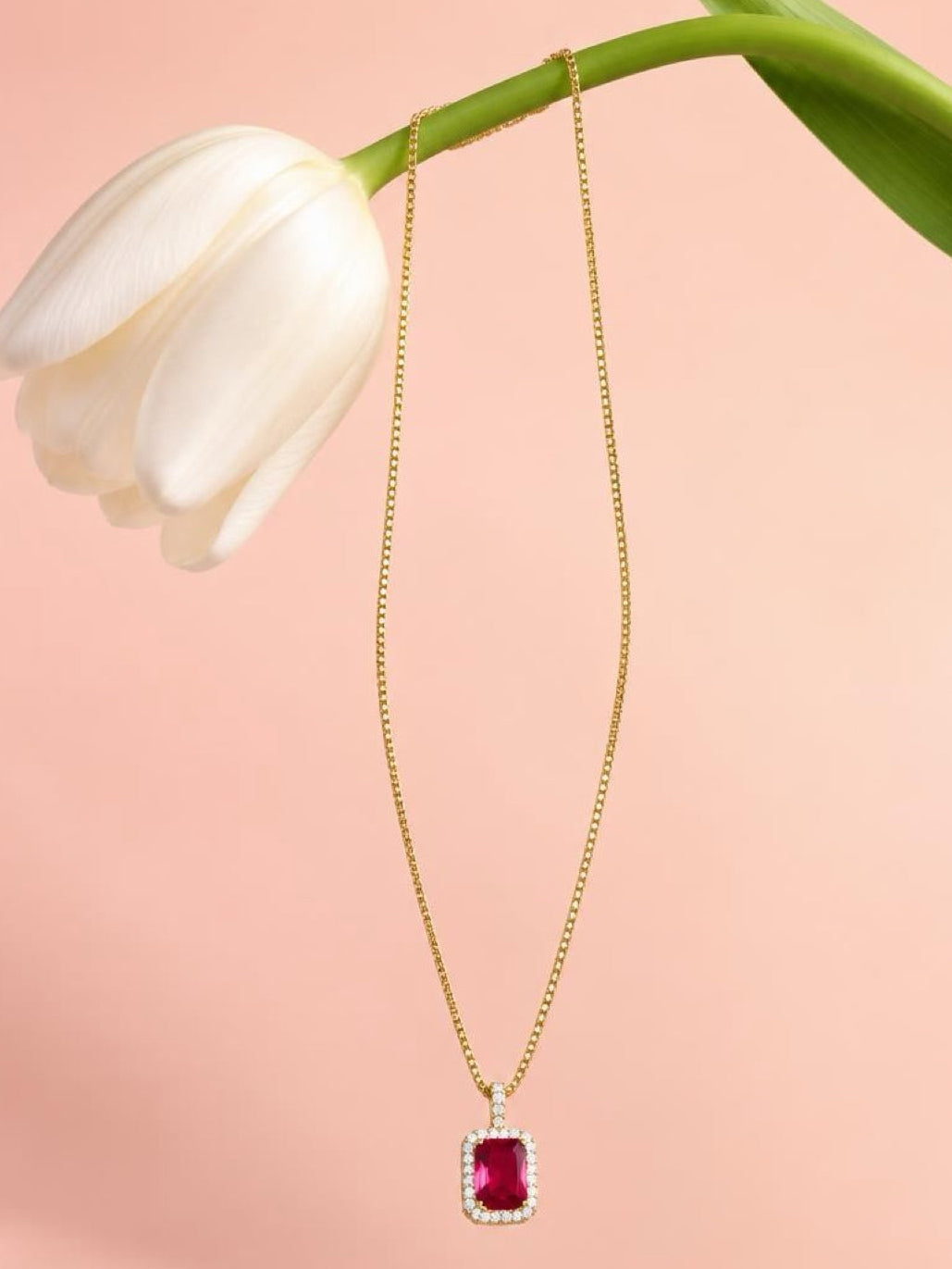 Ruby Red Crystal Pendant Necklace | 18K Gold Filled Brazilian Curb Chain