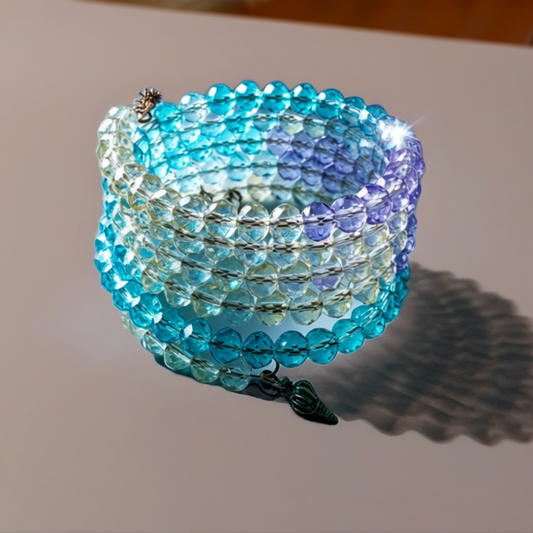 “Sea Goddess” Memory Wire Bracelet – 5-Ring Ombre Crystal Wrap with Shell Charm