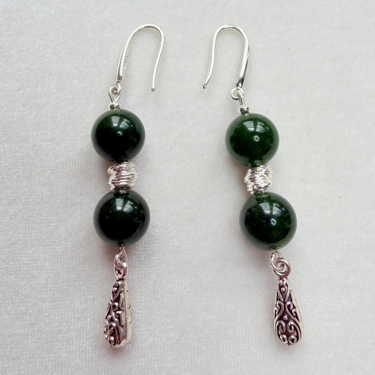 Green Nephrite Jade Silver-Plated Dangle Earrings