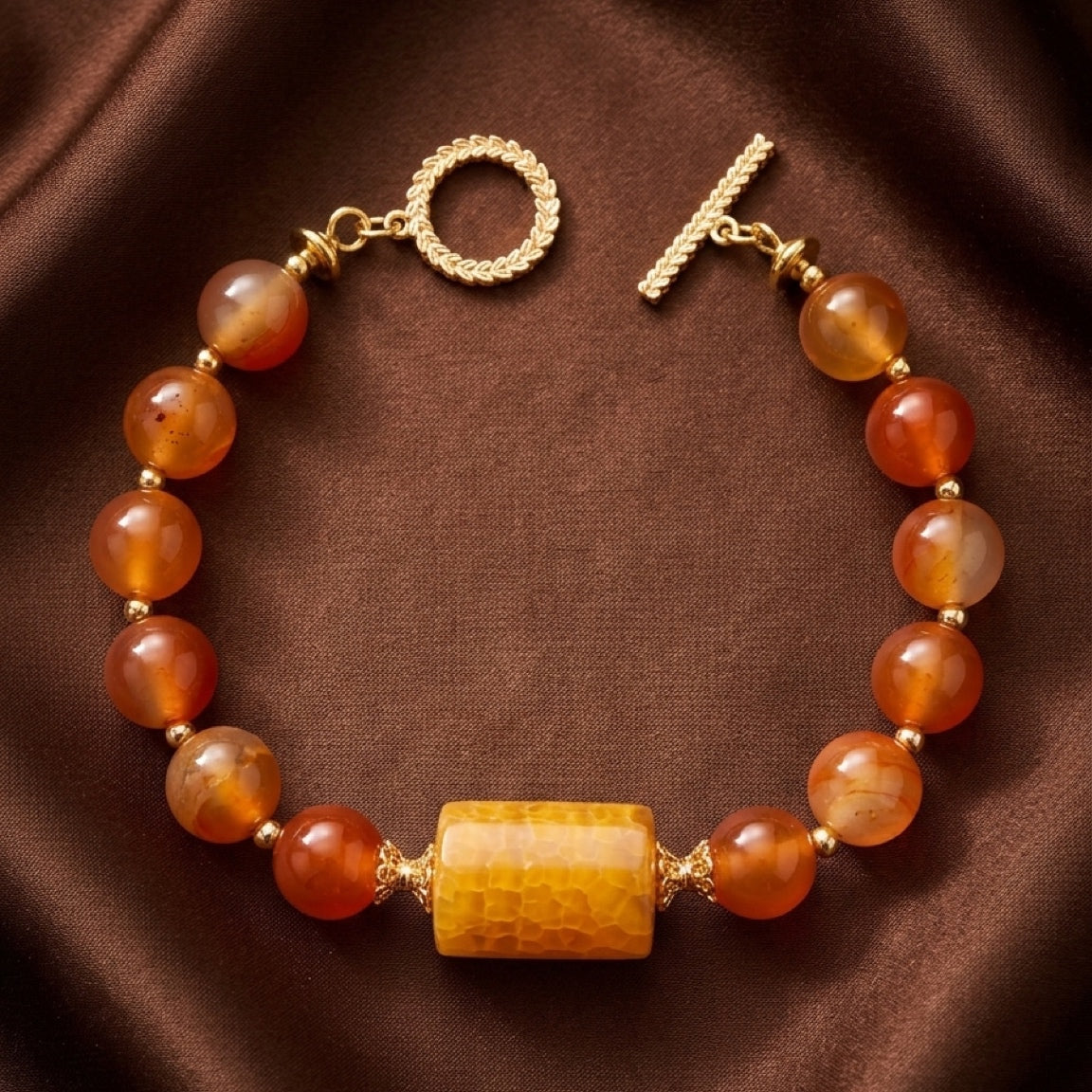 Inner Flame Carnelian Bracelet – 10mm Natural Gemstone Bracelet with Gold-Plated Toggle Clasp