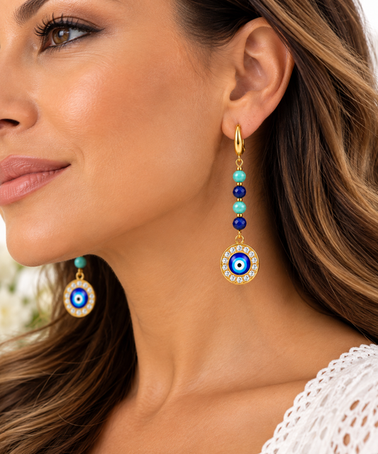 Turquoise & Lapis Lazuli Evil Eye Dangle Earrings