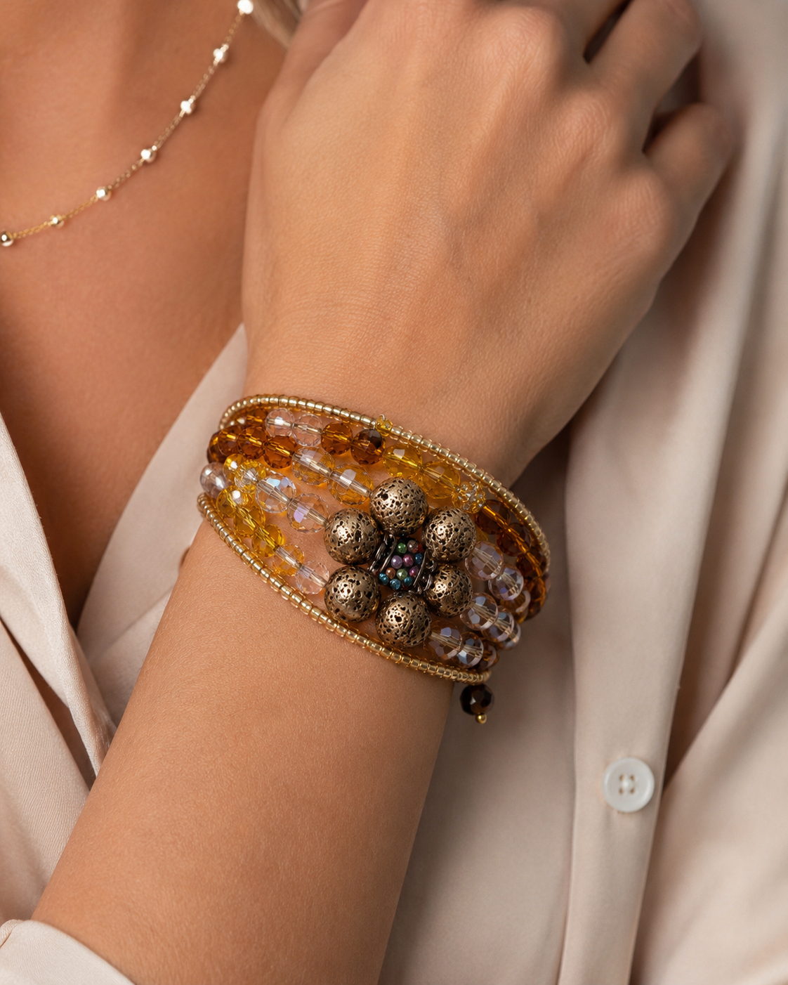 Golden Amber Memory Wire Bracelet with Antique Bronze Lava Flower