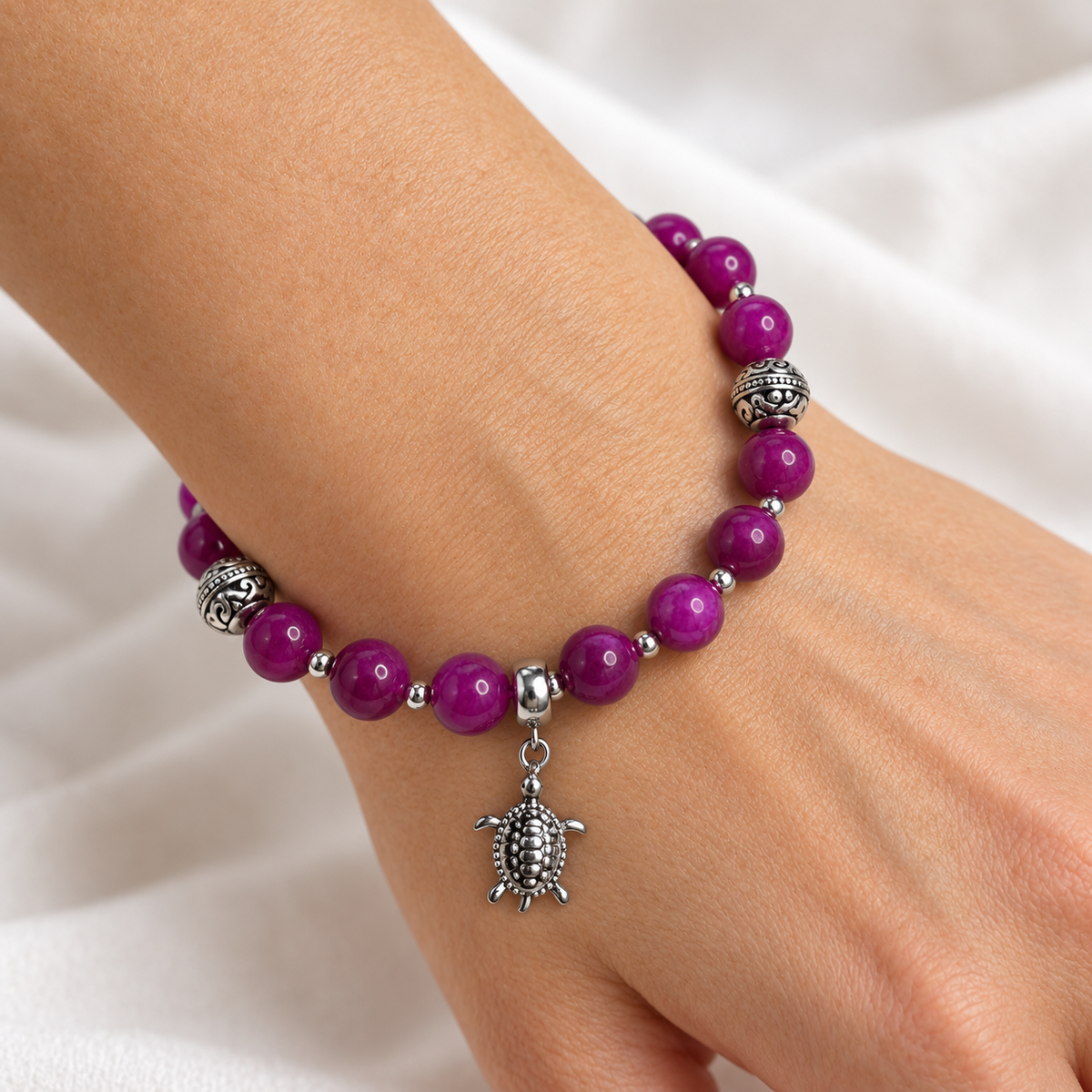 Sugilite Jade 8 mm Turtle Charm Bracelet | 925 Sterling Silver