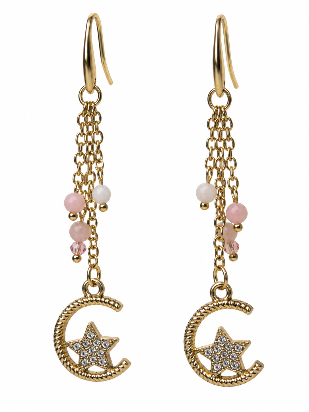 Pink Opal & White Quartz Moon & Star Dangle Earrings