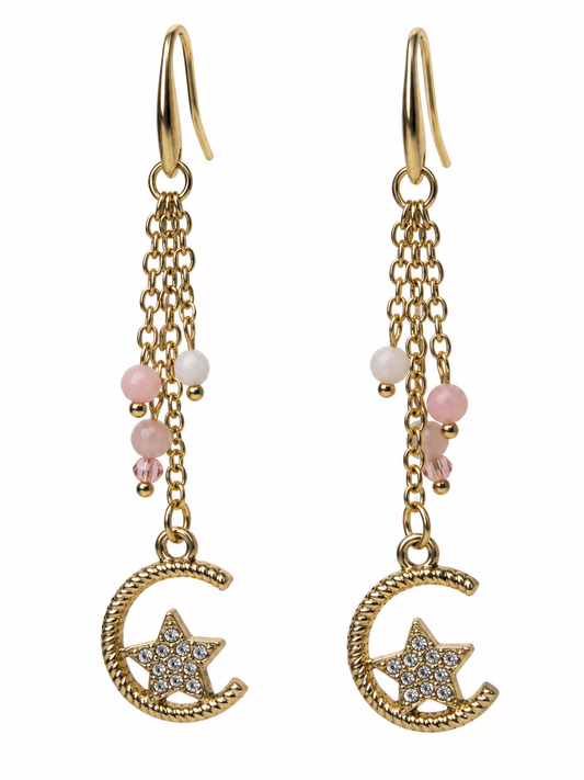 Pink Opal & White Quartz Moon & Star Dangle Earrings