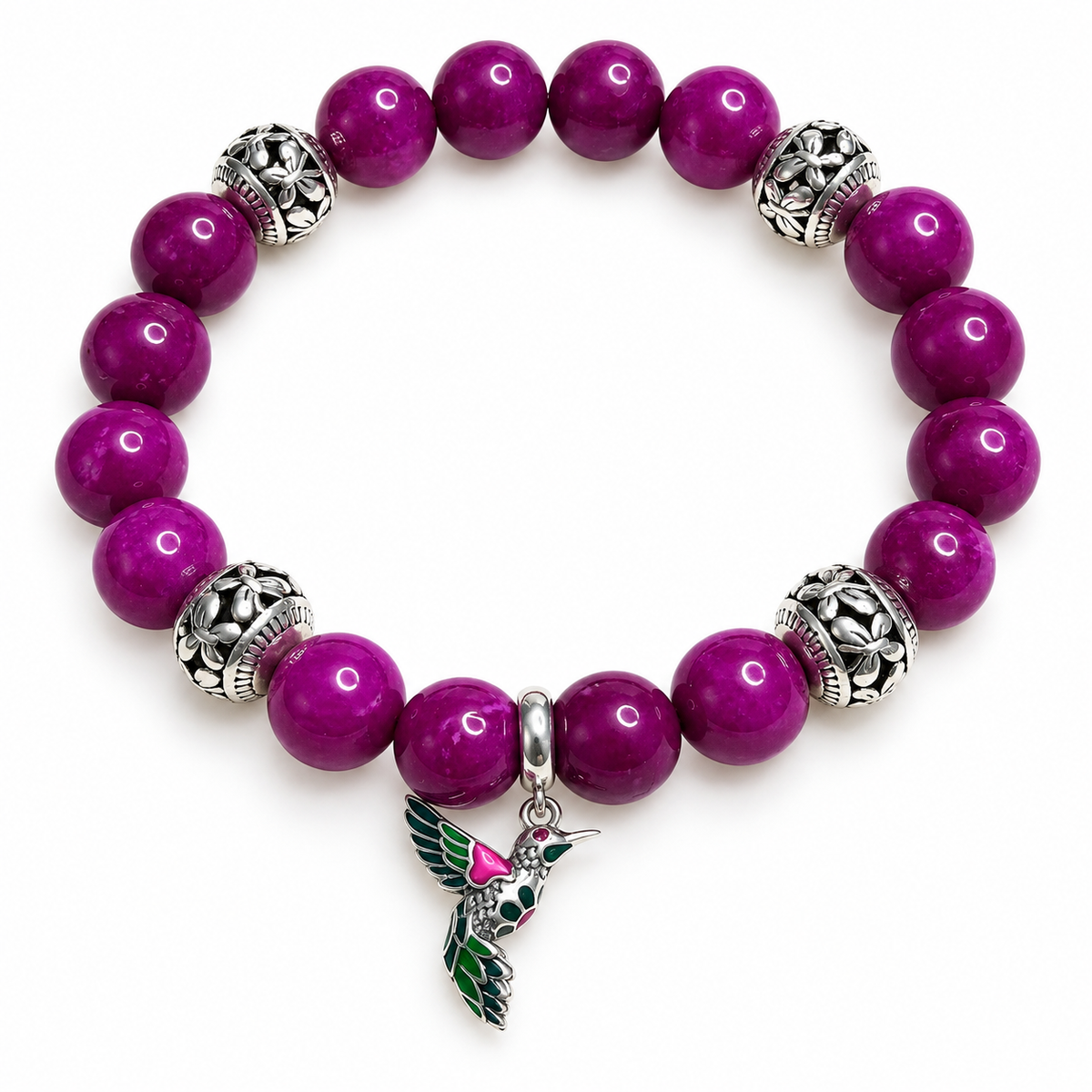 Sugilite Jade 10mm Hummingbird Charm Bracelet | 925 Sterling Silver