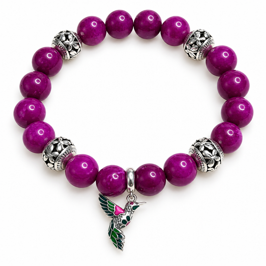Sugilite Jade 10mm Hummingbird Charm Bracelet | 925 Sterling Silver