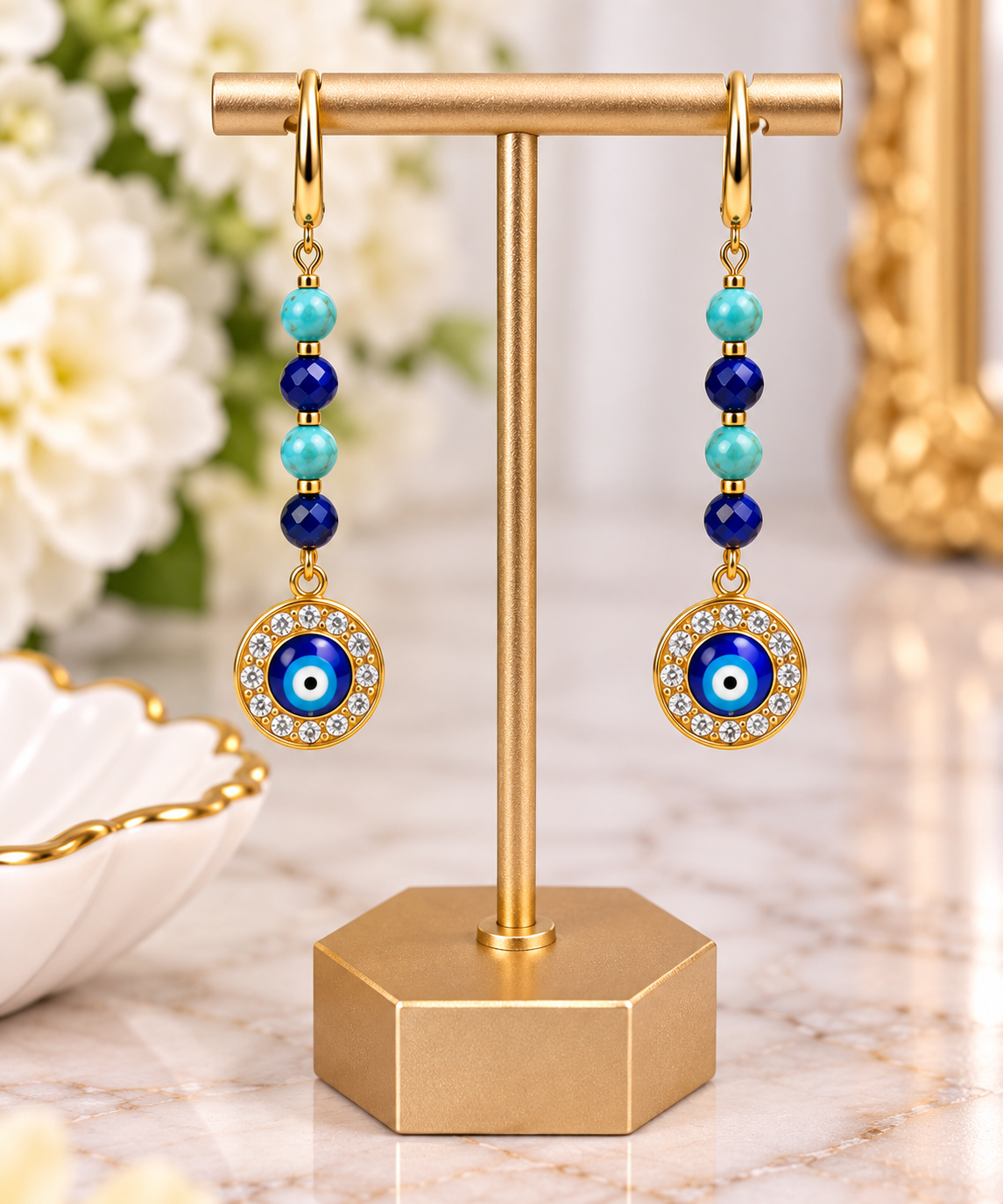 Turquoise & Lapis Lazuli Evil Eye Dangle Earrings