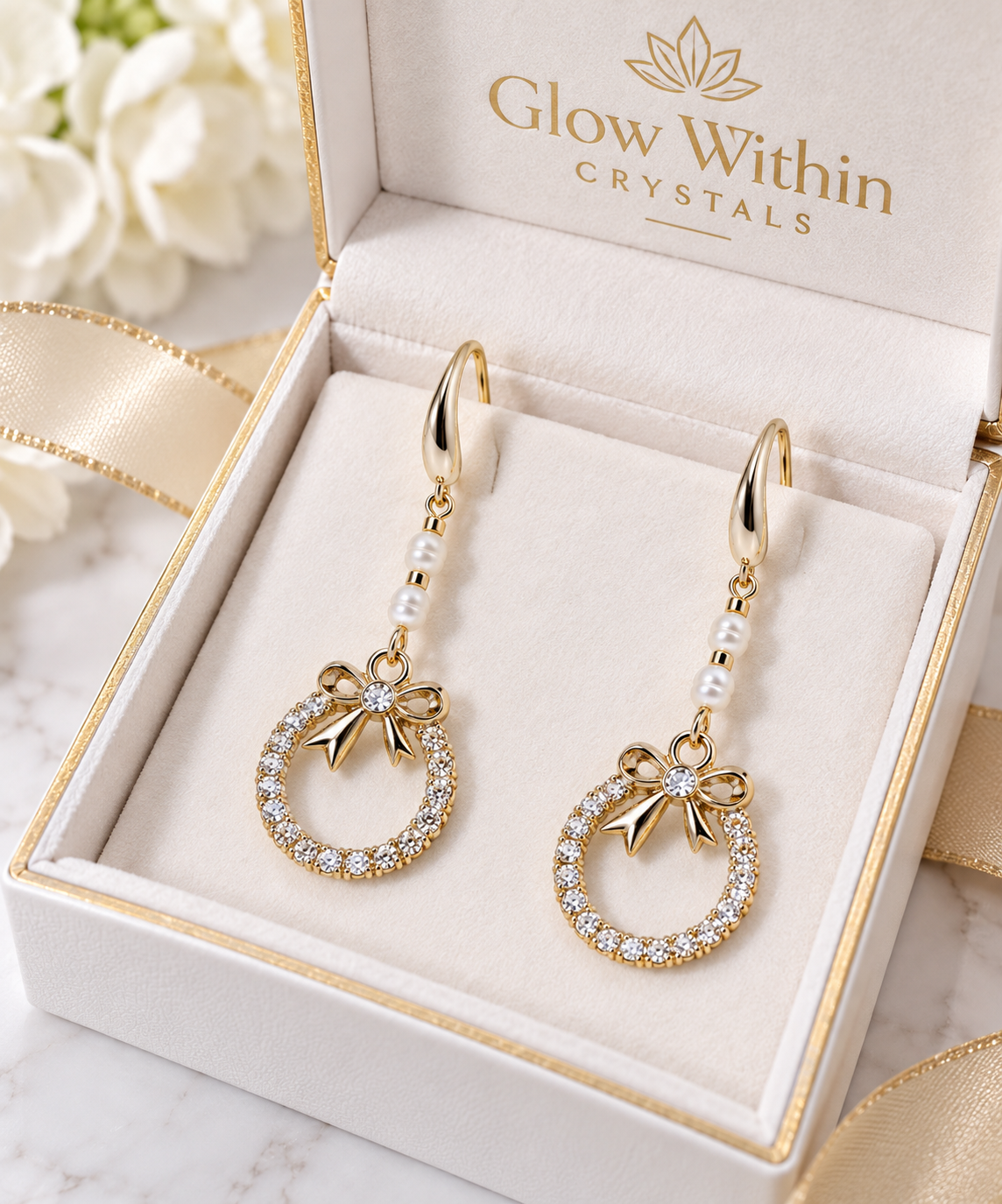 Freshwater Pearl & Crystal Bow Wreath Dangle Earrings