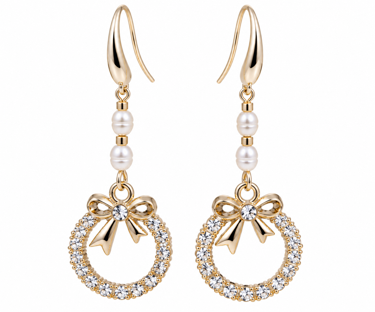 Freshwater Pearl & Crystal Bow Wreath Dangle Earrings
