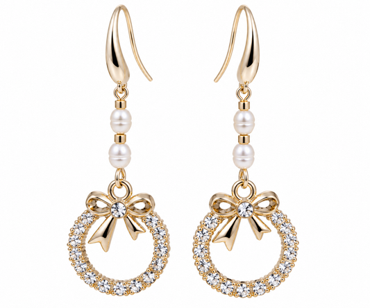 Freshwater Pearl & Crystal Bow Wreath Dangle Earrings