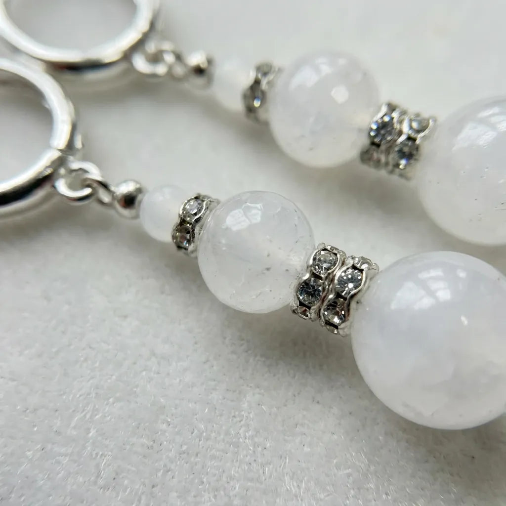 Milky Quartz Silver Sparkle Drop Hoop Earrings
