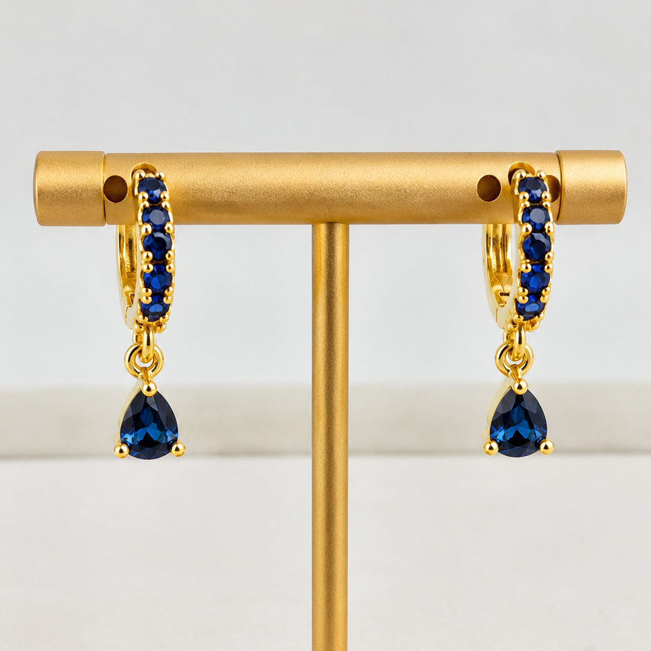 Midnight Sapphire Blue CZ Teardrop Huggie Earrings | 18K Gold Filled