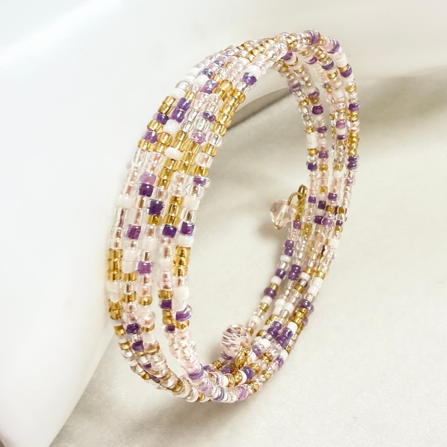 Lavender & Gold Seed Bead Memory Wire Bracelet