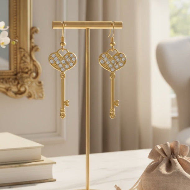 Golden Heart Key Earrings