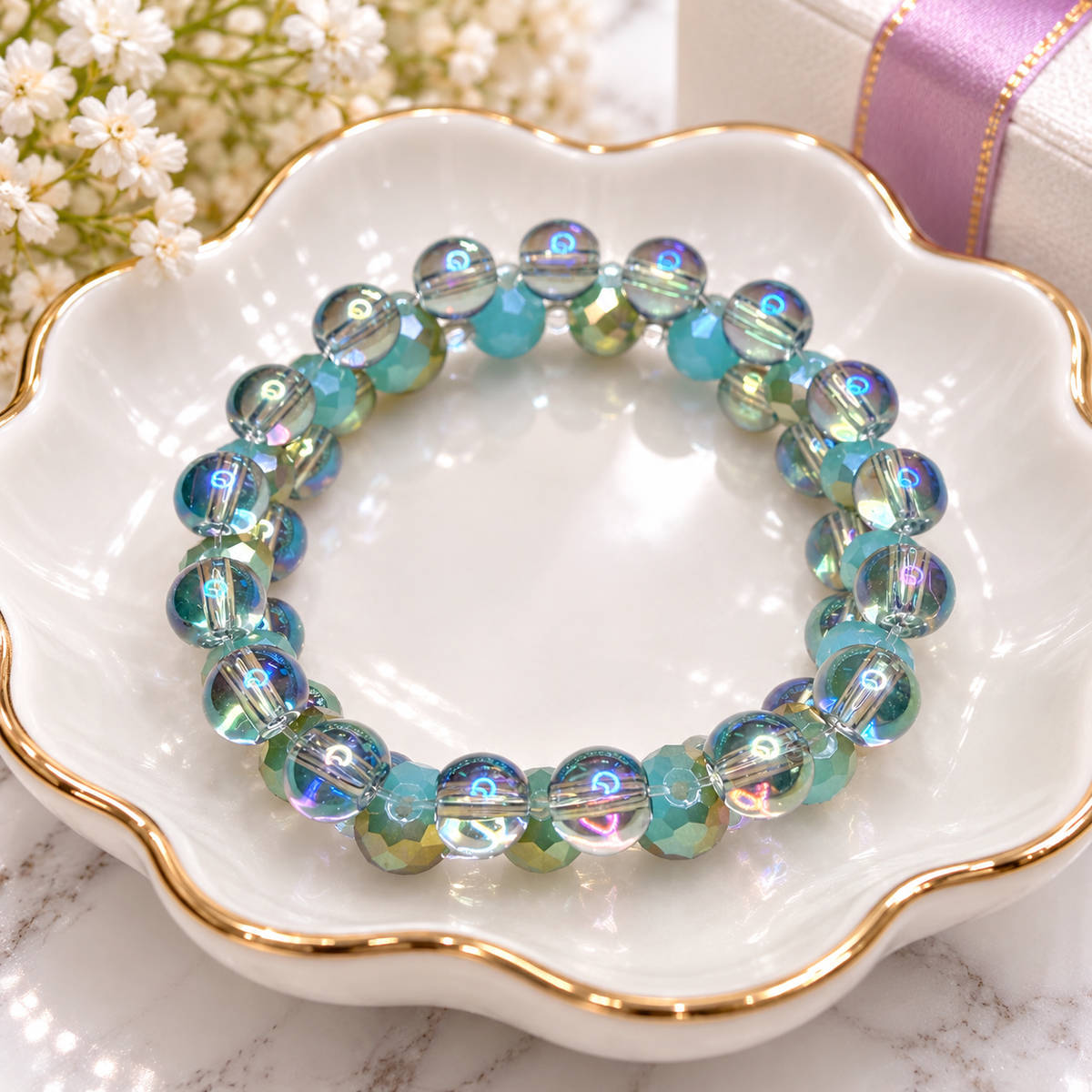 Iridescent Electroplated Glass Bead Bracelet | 8mm Aqua Crystal Stretch Bracelet