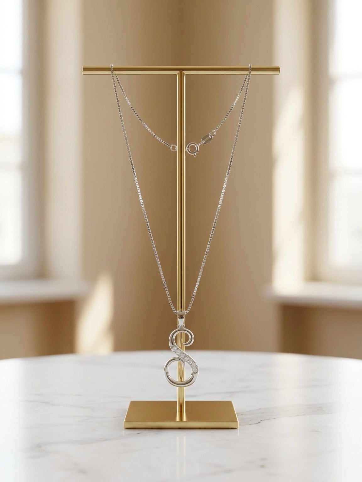 Elegant S Swirl Pendant Necklace – White Gold