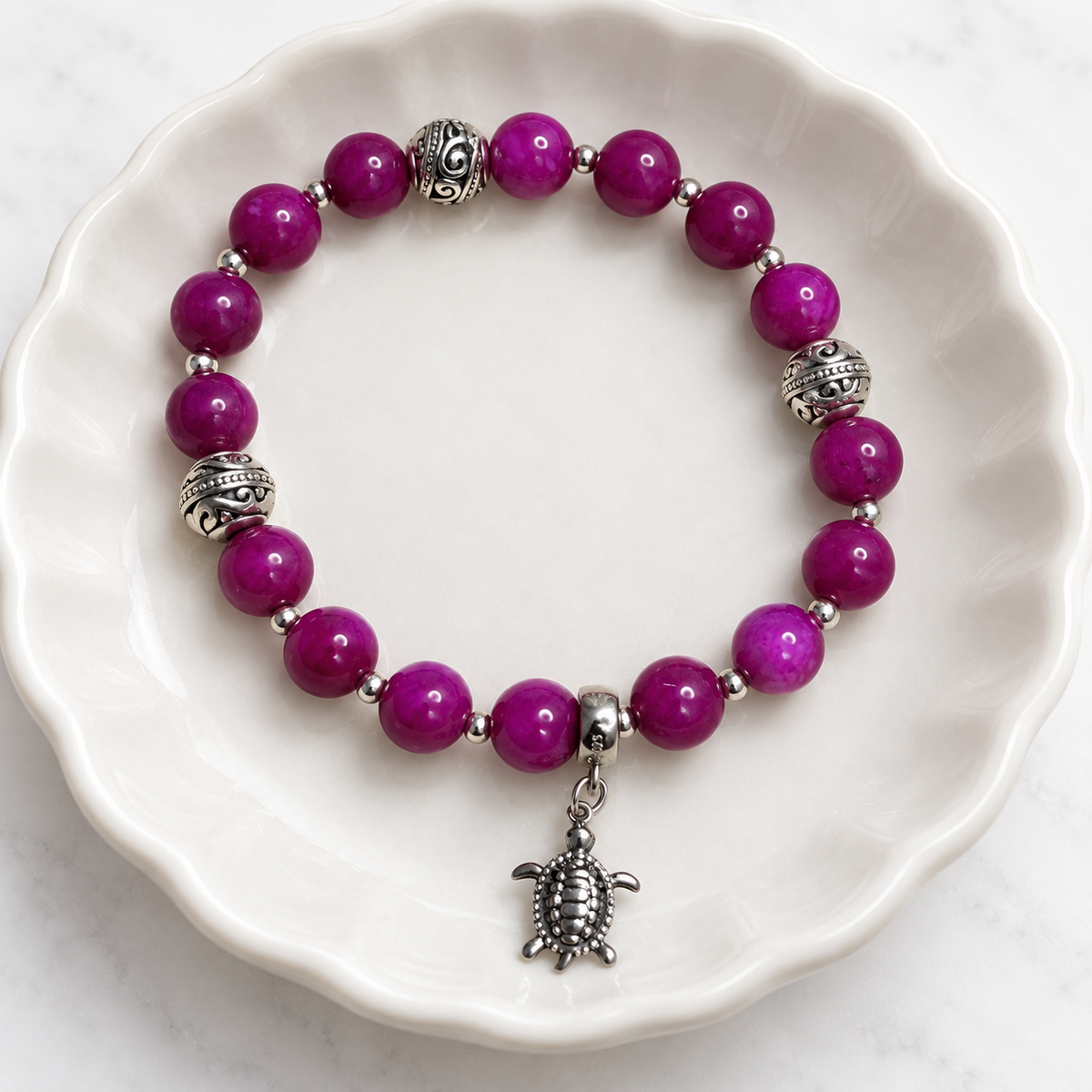 Sugilite Jade 8 mm Turtle Charm Bracelet | 925 Sterling Silver