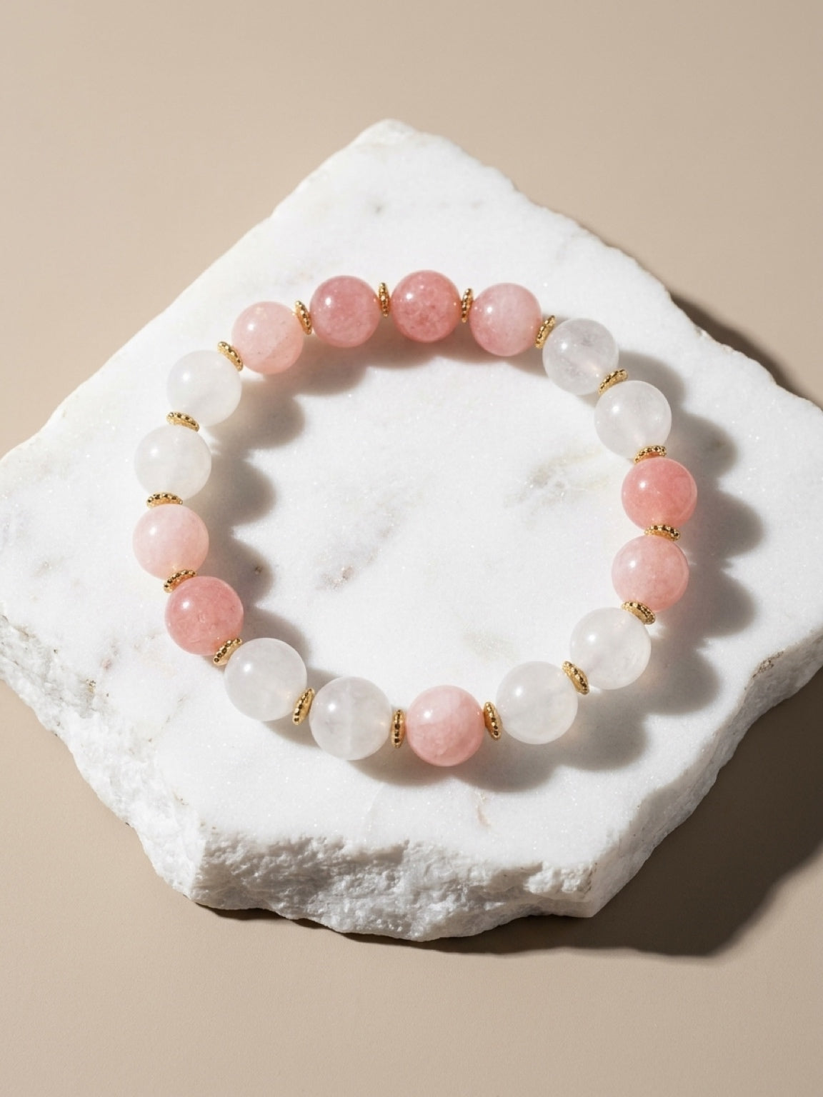Glow & Grace – Strawberry Quartz and Milky Quartz Bracelet