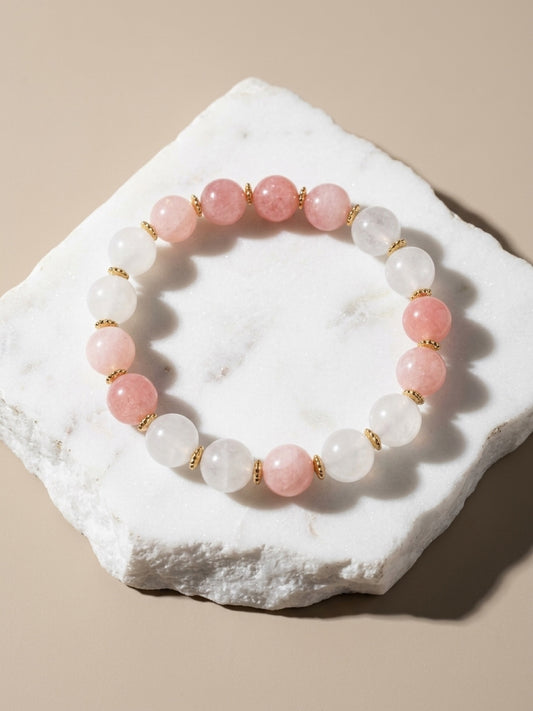 Glow & Grace – Strawberry Quartz and Milky Quartz Bracelet
