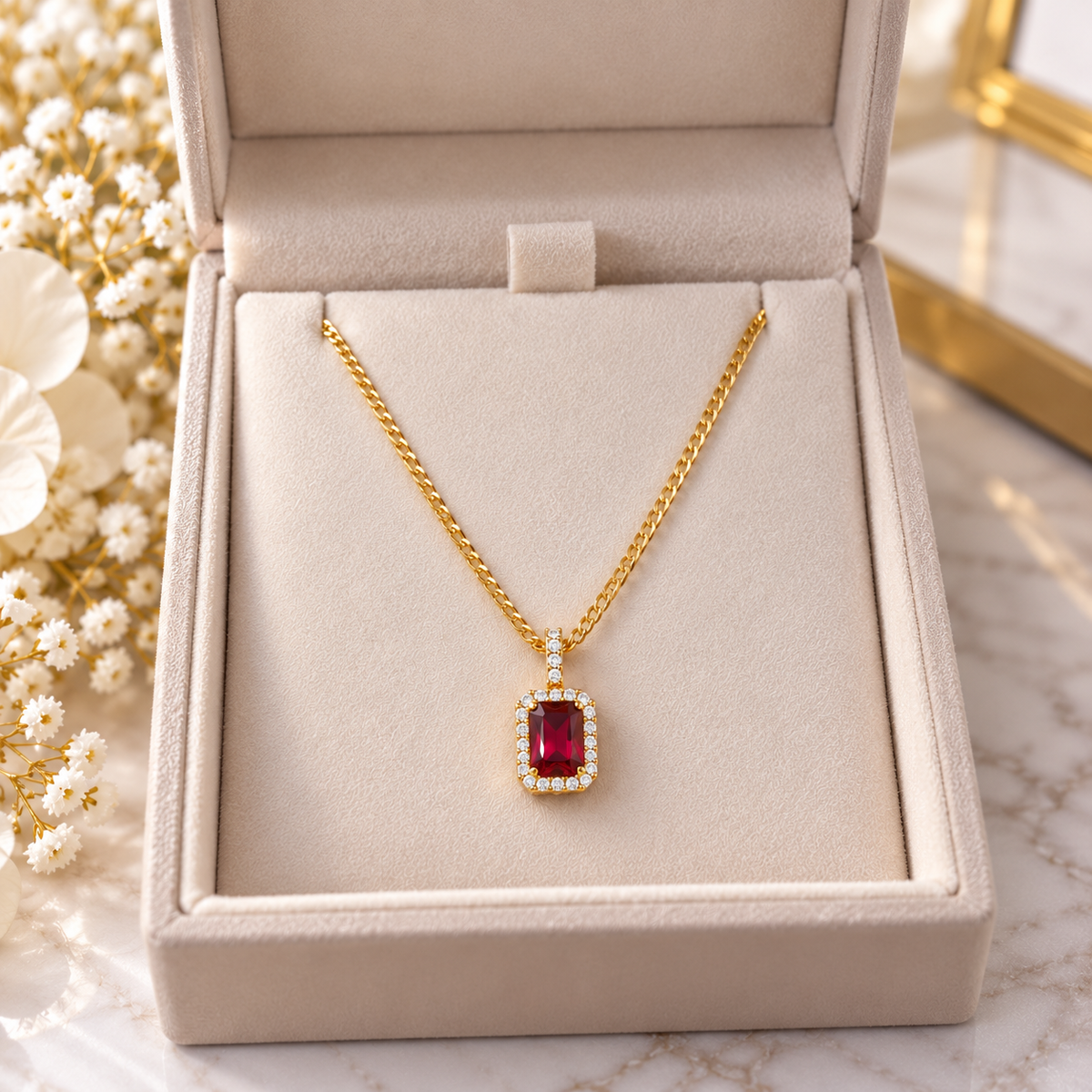 Ruby Red Crystal Pendant Necklace | 18K Gold Filled Brazilian Curb Chain
