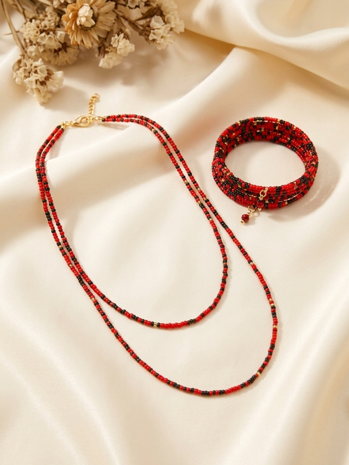 Red & Black Seed Bead Necklace and Memory Wire Bracelet Set