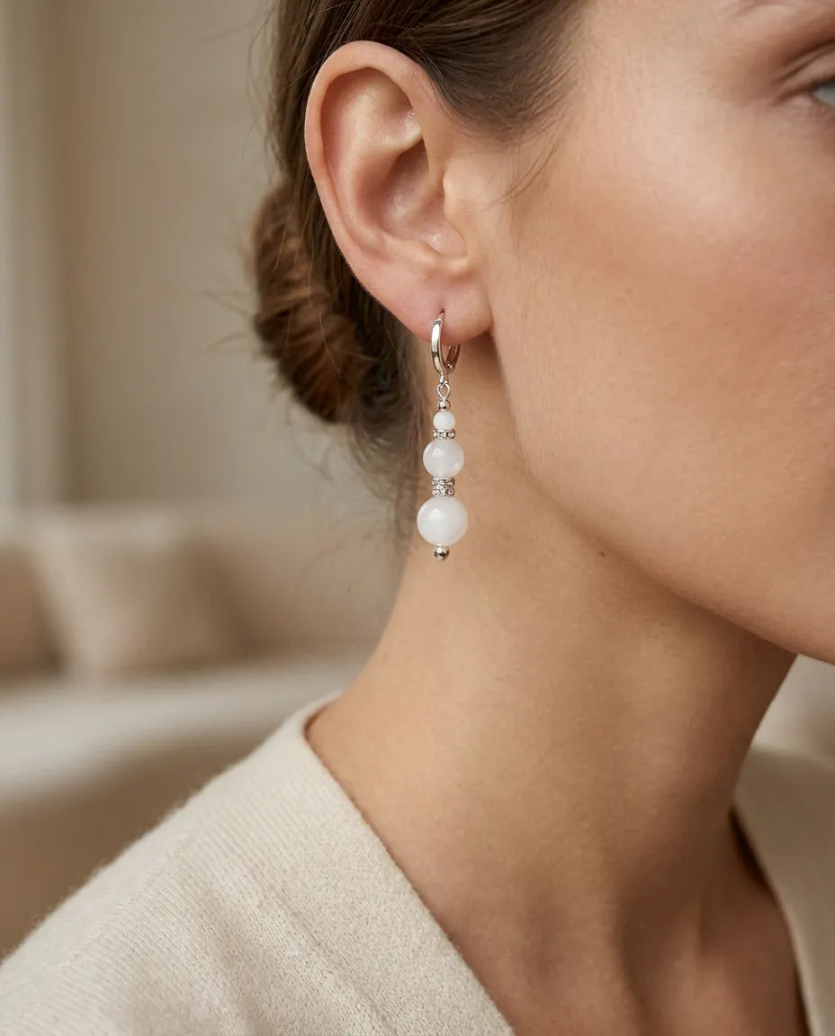 Milky Quartz Silver Sparkle Drop Hoop Earrings