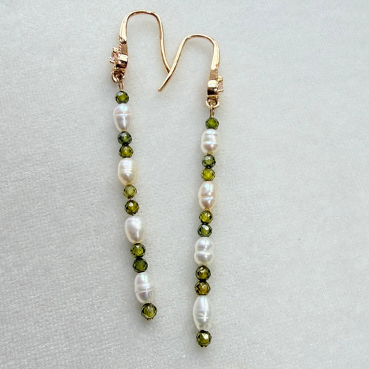 Natural Freshwater Shell Pearl & Olive Green Zircon Earrings