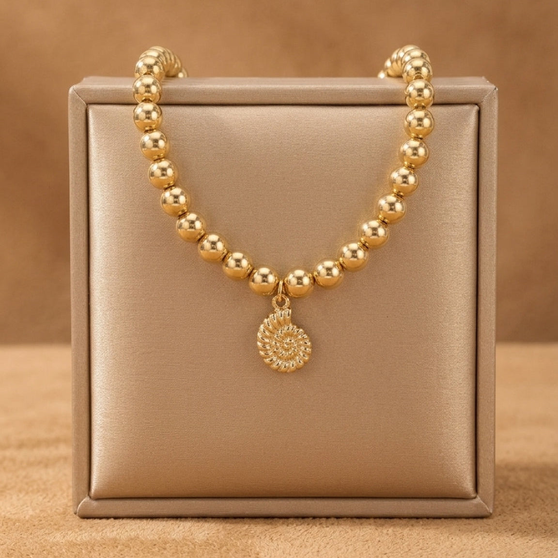 18K Gold-Filled 6mm Beaded Stretch Bracelet with Charm
