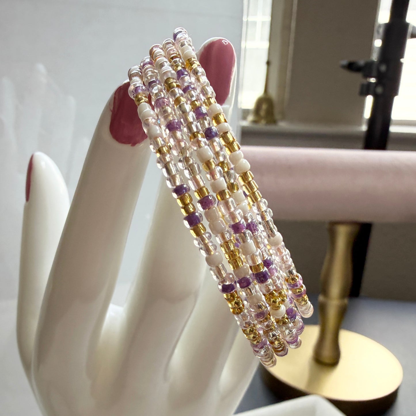 Lavender & Gold Seed Bead Memory Wire Bracelet