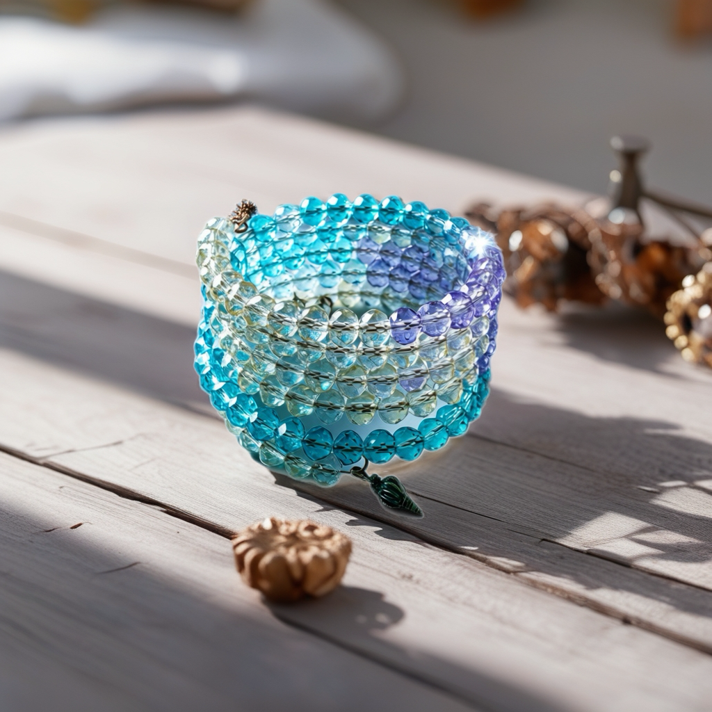 “Sea Goddess” Memory Wire Bracelet – 5-Ring Ombre Crystal Wrap with Shell Charm