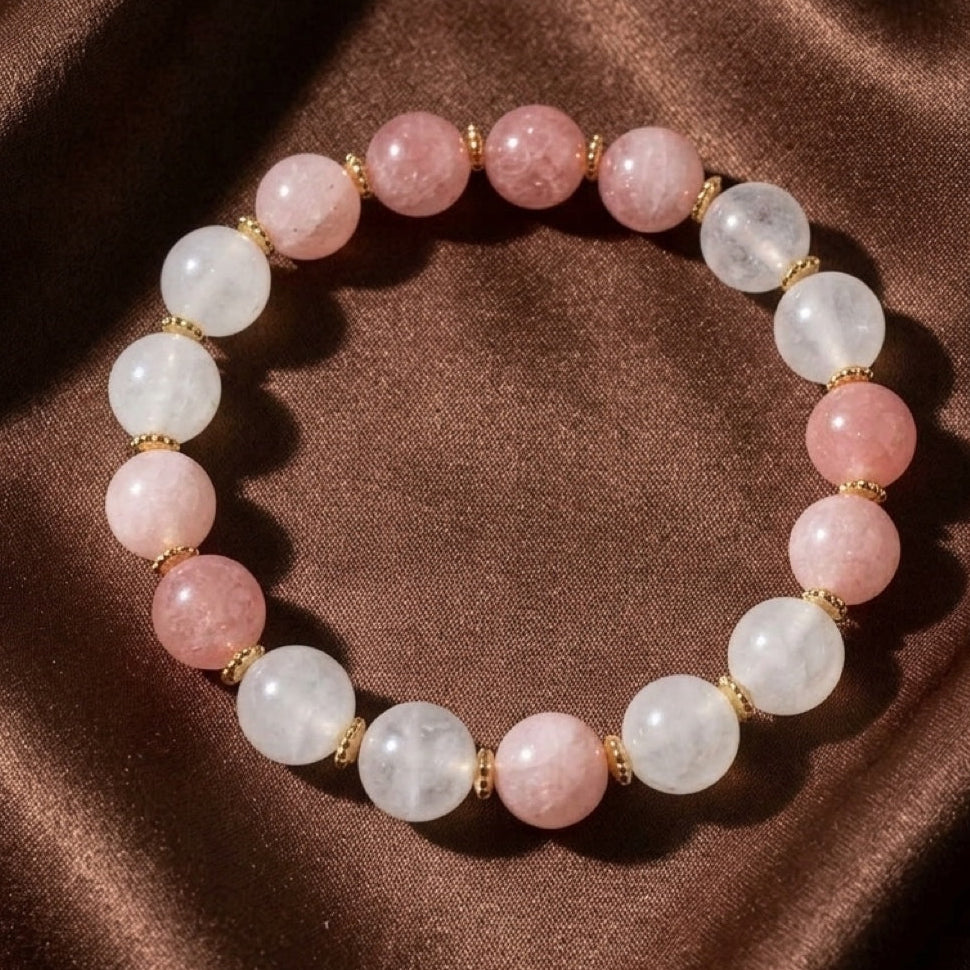 Glow & Grace – Strawberry Quartz and Milky Quartz Bracelet