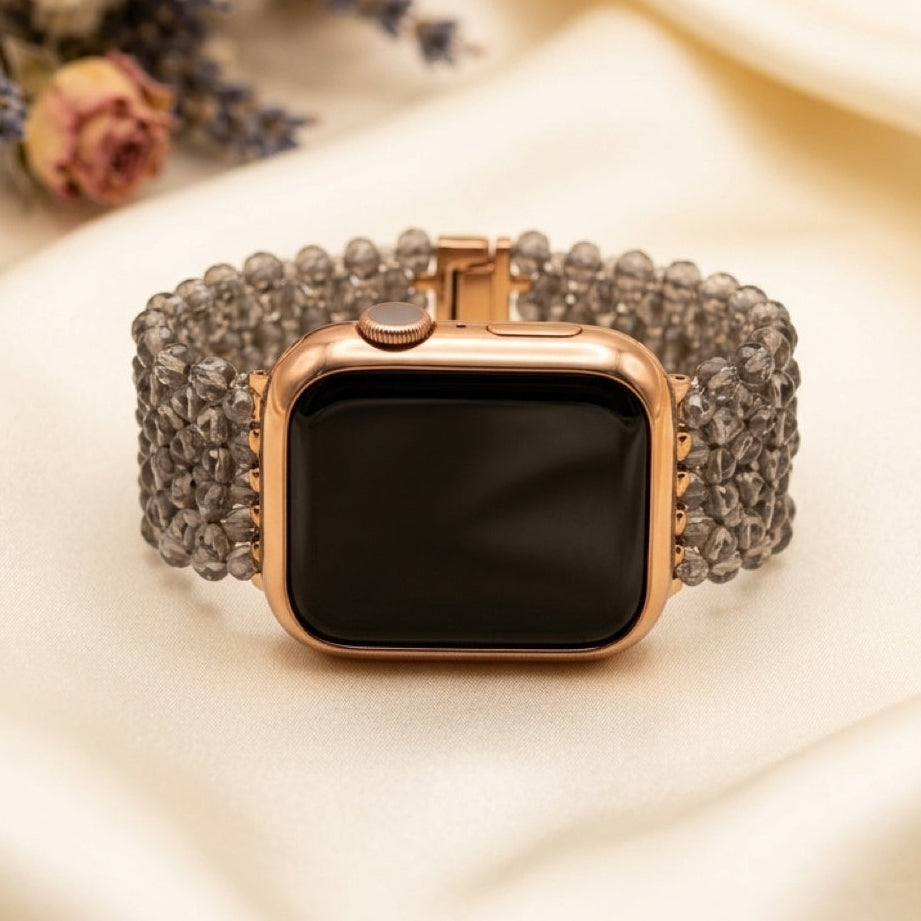 Smoky Quartz Hand-Woven Smartwatch Band – Rose Gold
