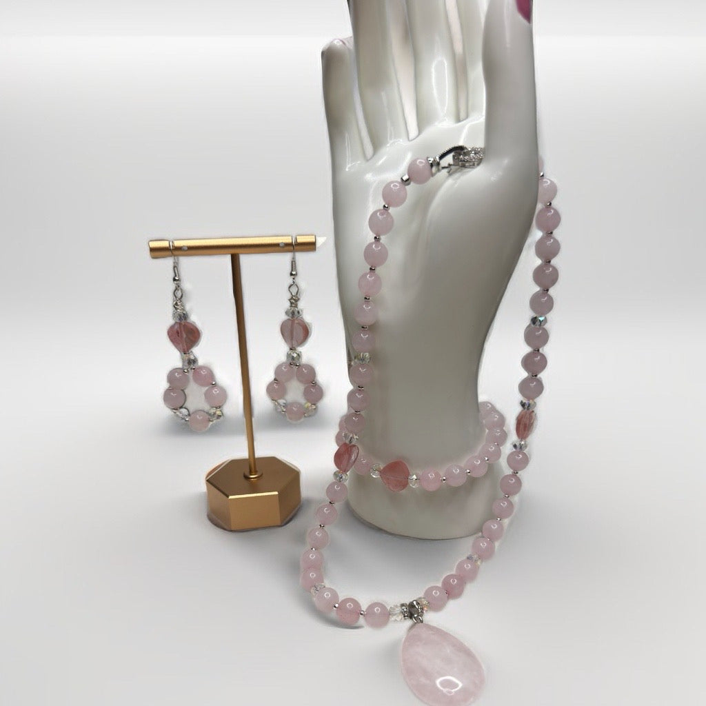 Rose Quartz & Cherry Quartz Waterdrop Jewelry Set