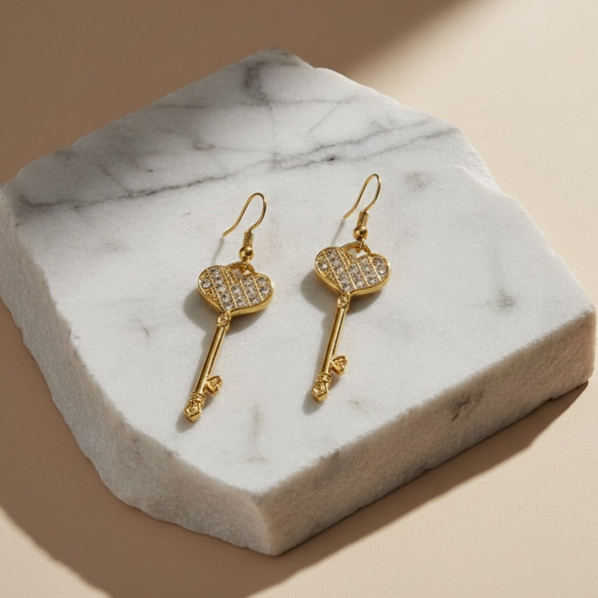 Golden Heart Key Earrings