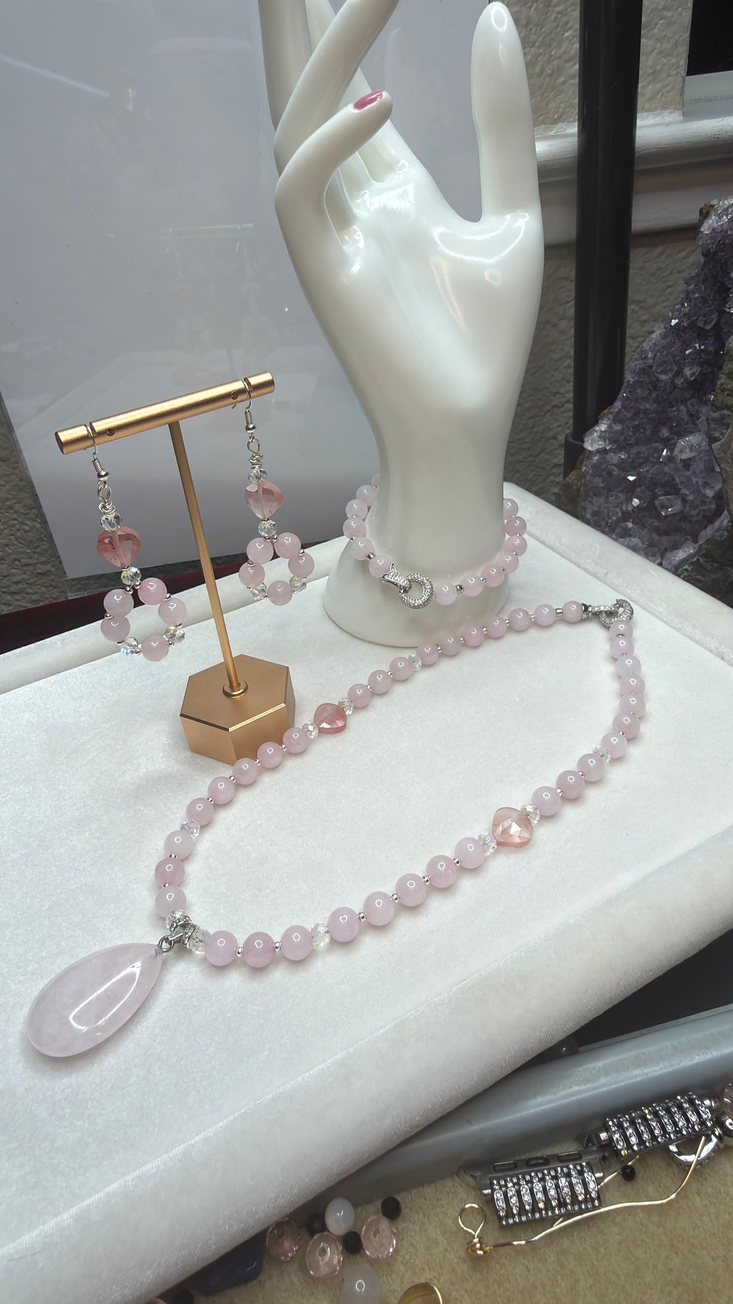 Rose Quartz & Cherry Quartz Waterdrop Jewelry Set