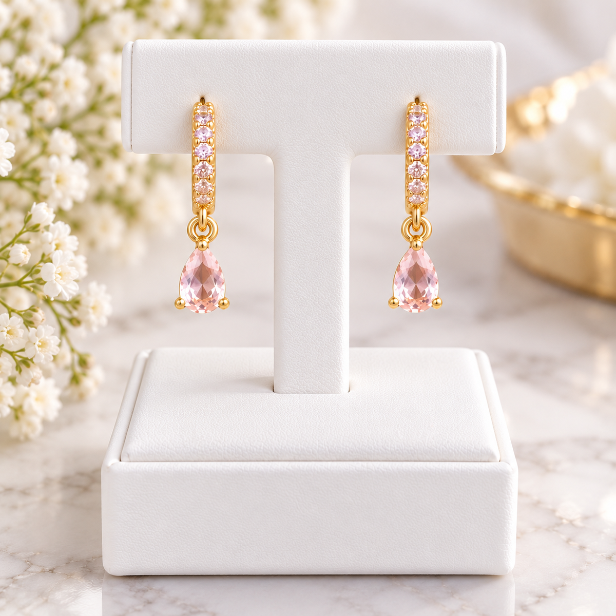 Title: Blush Pink Teardrop Huggie Earrings | 18K Gold-FilledDescriptionAdd a soft touch of elegance and sparkle to your jewelry collection with our Blush Pink Teardrop Huggie Earrings.Featuring delicate, sparkling pink cubic zirconia stones along the gold