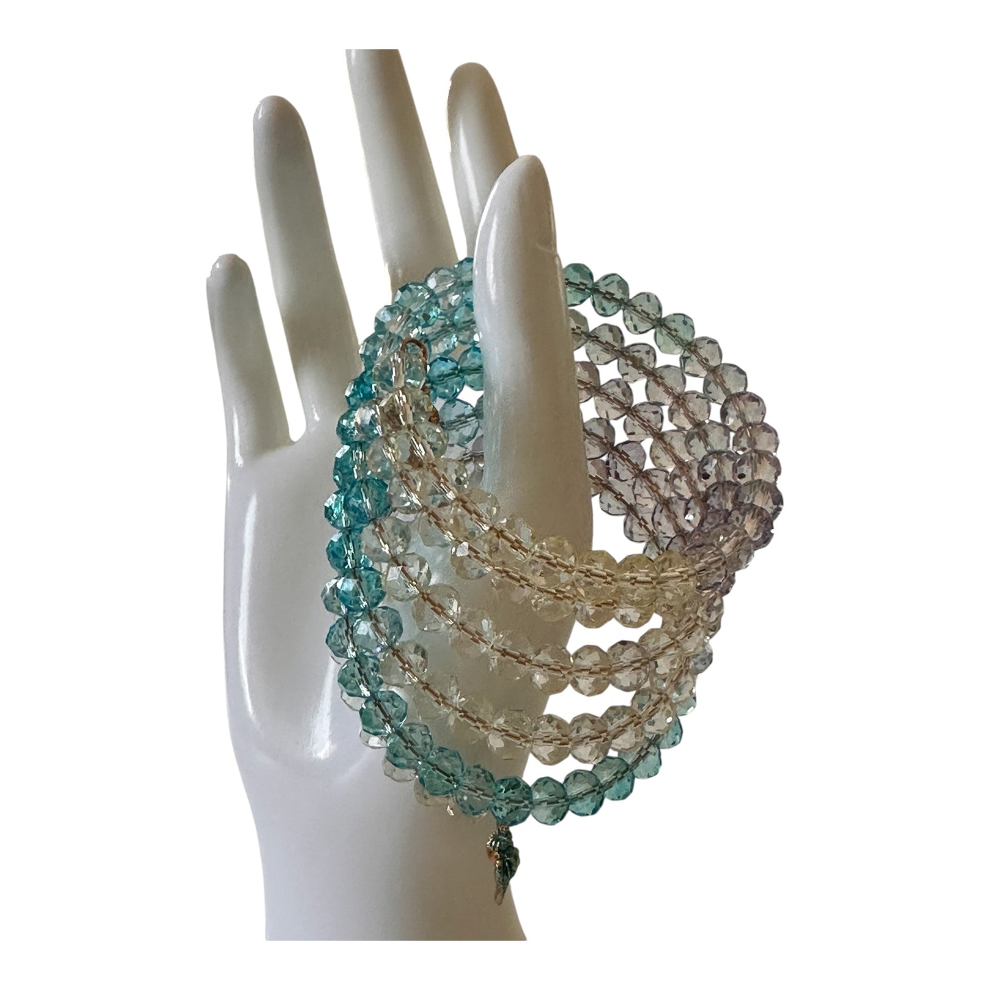 “Sea Goddess” Memory Wire Bracelet – 5-Ring Ombre Crystal Wrap with Shell Charm