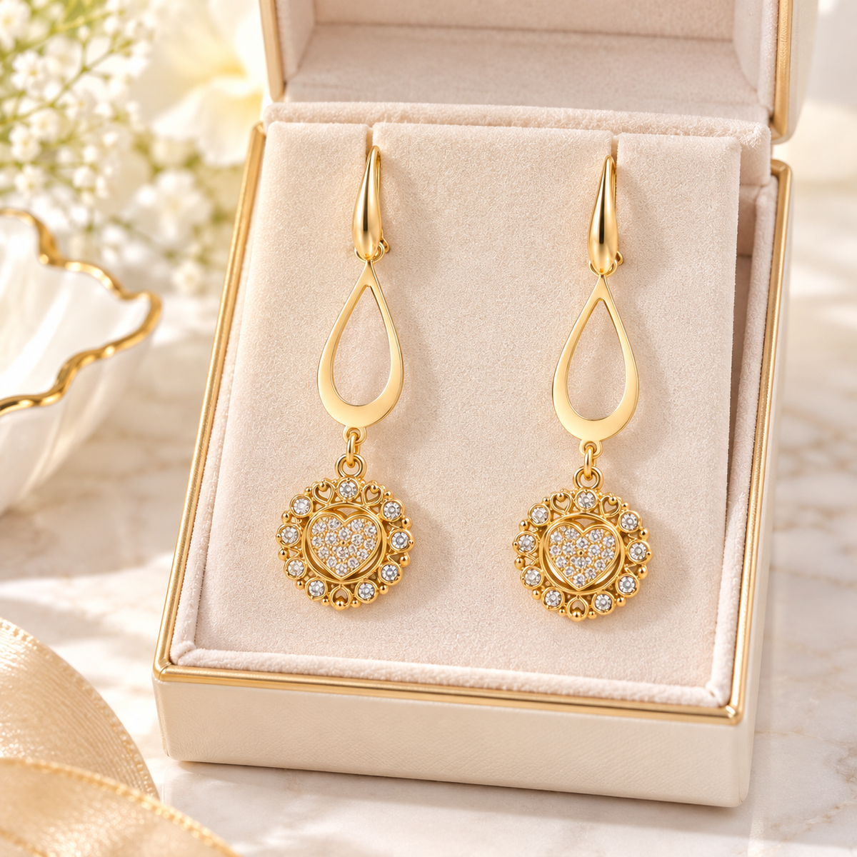 Gold-Plated Crystal Heart Dangle Earrings